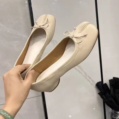 Spring Women Flat Split Toe Shoes with Bow Soft Leather Bow Tie Front Shallow Slip On  Girls Tabi Shoes Flats Ballet Shoes