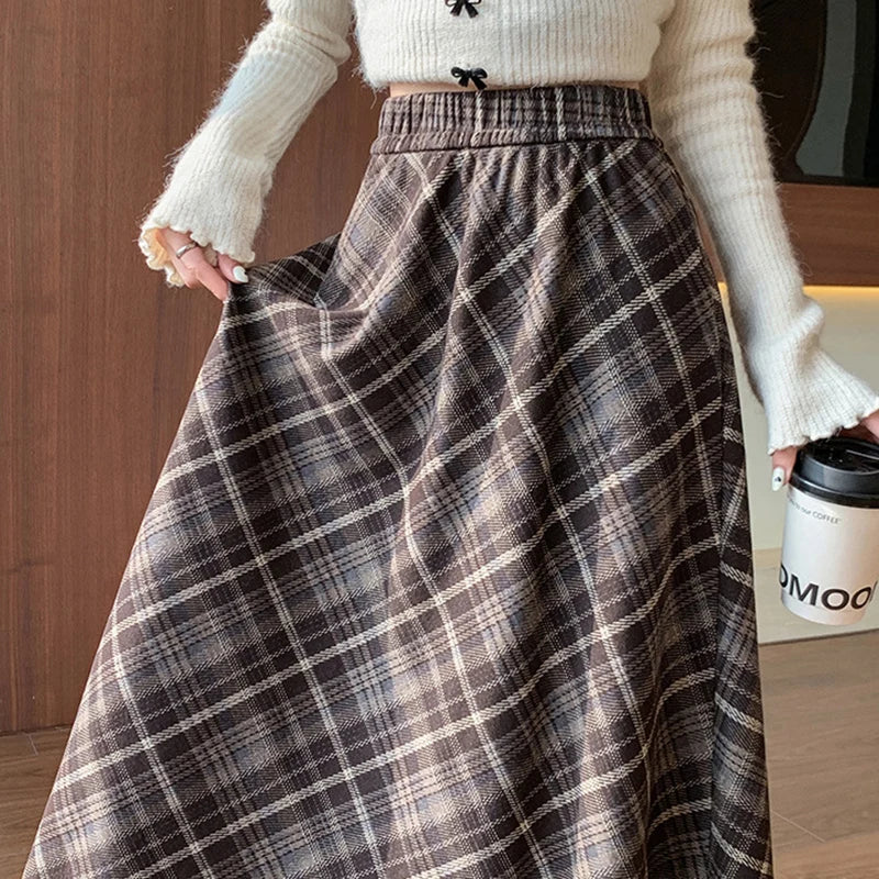 Women's Plaid Pleated A-Line Long Skirt