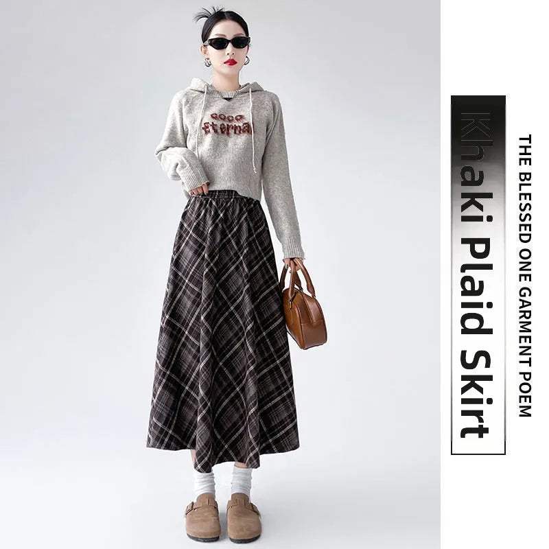Plaid Woolen  Skirt Women's High Waist Slim A-Line Midi Spring Autumn Seasonal Umbrella Skirt Fashionable Ladies' Skirt