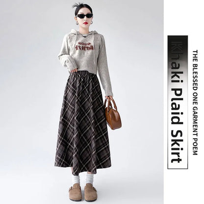 Plaid Woolen  Skirt Women's High Waist Slim A-Line Midi Spring Autumn Seasonal Umbrella Skirt Fashionable Ladies' Skirt