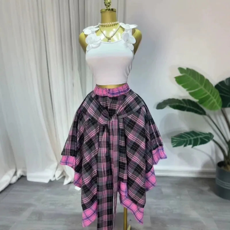 2026 Summer Women Plaid Midi Skirt High Waist Elastic Waist Tie Wrap Irregular Asymmetrical A-line Skirt Vintage Tartan Skirt