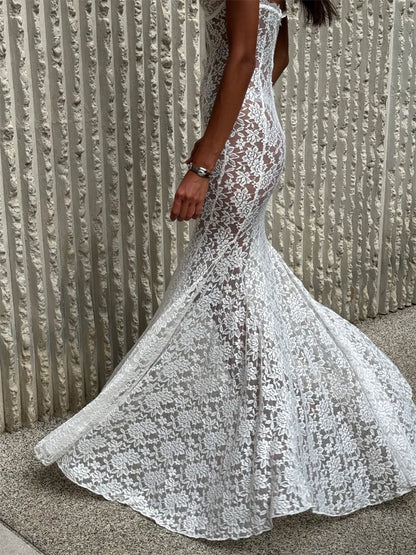 Solid Lace Halter Maxi Dress Sexy Cutout Waist Sheer Slim Fit Fishtail Long Gowns Women's Summer Evening Party Robes 2026 New