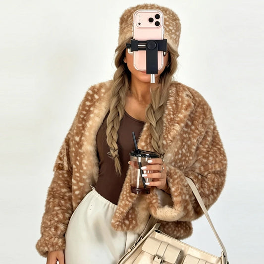 Retro Cute Deer Spot Faux Fur Coat Women Soft Furry Texture Vintage Oversized Jacket 2026 New Warm Elegant Women Street Outwear