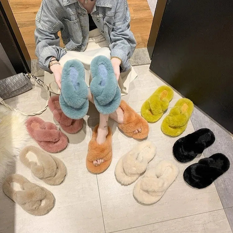 Fashion One Word Thick Fur Slippers Double Fur Slippers Casual Home Cotton Shoes for Women Flat Plush Cross Straps Slippers2025