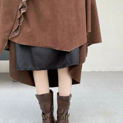 Midi Long Skirts Women Suede Skirt 2026 Goth Lolita Autumn Winter High Waist Ruffles Asymmetrical A-Line Pleated Skirt Maxi