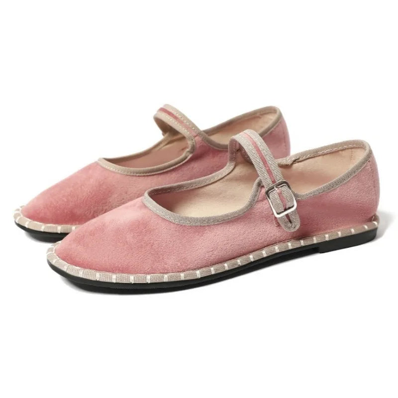 2026 Spring Designer Ballet Flats for Women Luxury Velvet Floral Pattern Buckle Design Mary Jane Shoes Elegant Party Dress Shoes