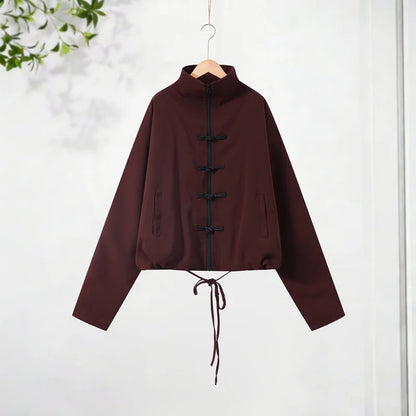 Casual Zipper Shirt Pants Suit Women Solid Button Stand Collar Drawstring Shirts Loose High Waist Trousers 2026 Spring Set Lady
