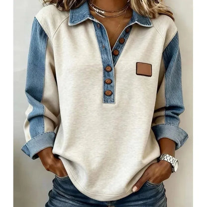 Spring Retro Contrast Color Women Sweatshirt Elegant Turn-down Collar Button Tops Pullover Autumn Long Sleeve Loose Top