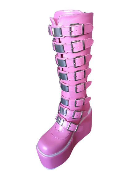 Women's Pink Multi-Buckle Platform Boots