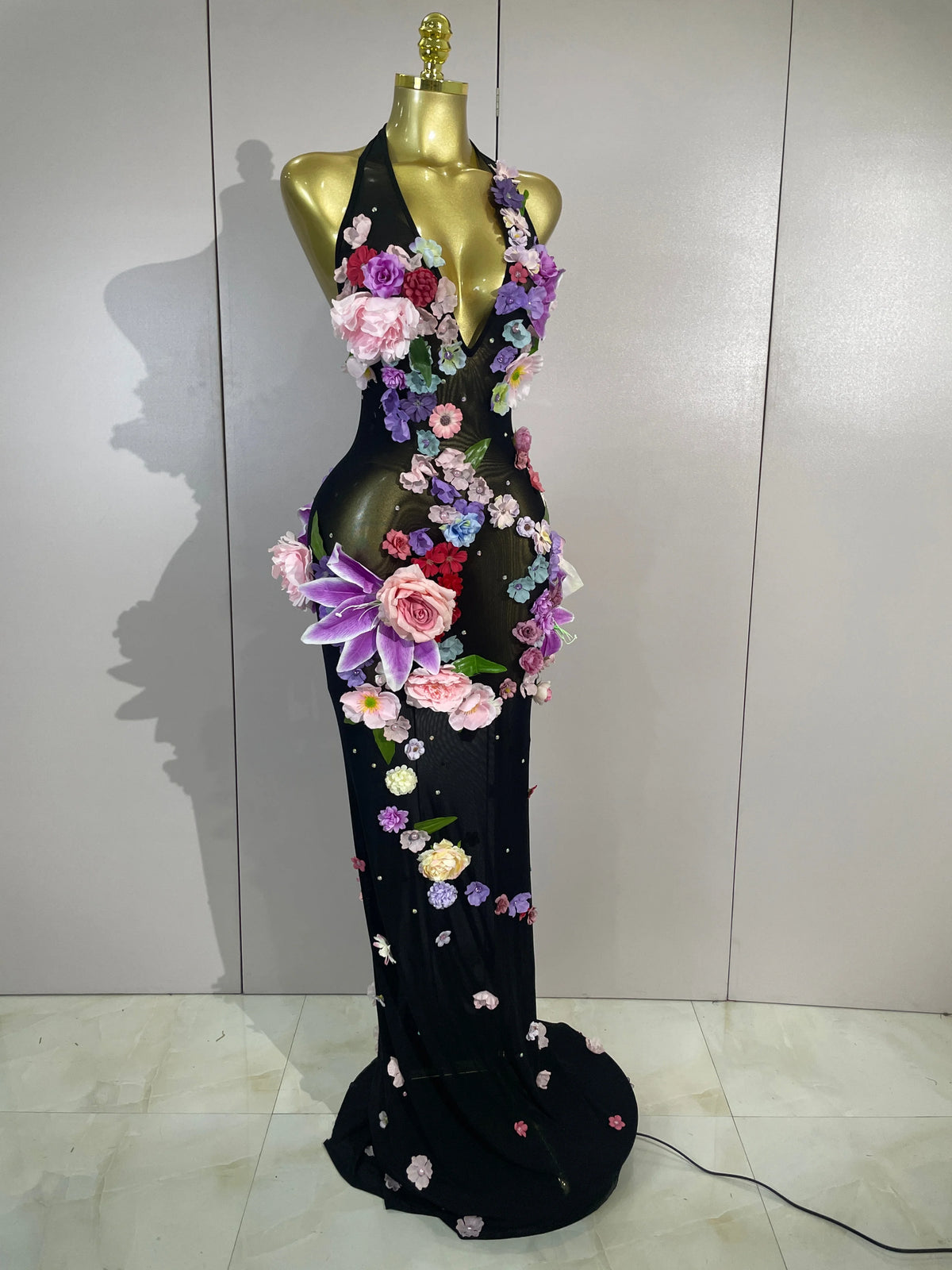 Sexy Halter Mesh See Through Long Dress Women Sparkly Diamonds 3D Flower Evening Party Birthday Photoshoot Nightclub Stage Wear