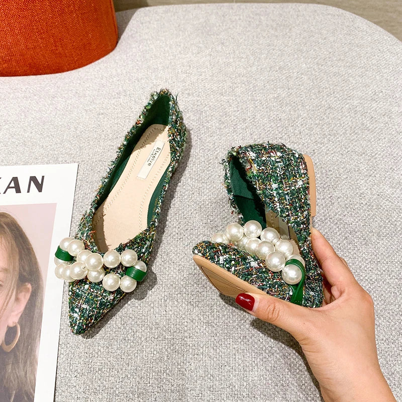 Flat Shoes for Women 2025 Spring Summer New Big Pearls Green White Women Flats Slip on Casual Loafers Zapatillas Mujer 44 45 46