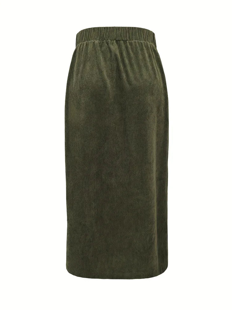 Causal Green Pocket Corduroy Long Skirt Women 2026 Winter High Waist Office Midi Skirt Ladies Elegant Elastic Button Work Skirt