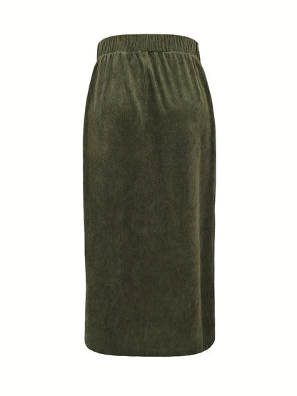 Causal Green Pocket Corduroy Long Skirt Women 2026 Winter High Waist Office Midi Skirt Ladies Elegant Elastic Button Work Skirt