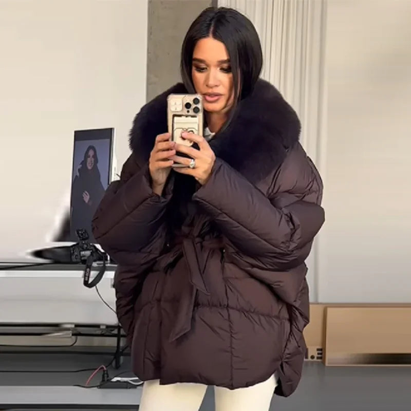 Thichen Winter Padded Coat Women Faux Fur Collar Belted Waist Tie Loose Oversized Quilted Jacket Warm Outerwear Daily Streetwear