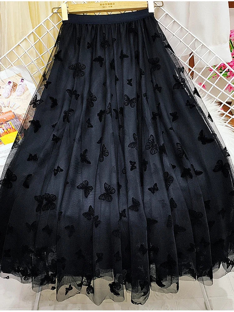 Butterfly Flocking Tulle Long Skirt Women Aesthetic Casual A Line Elastic High Waist Midi Mesh Skirt Female Black
