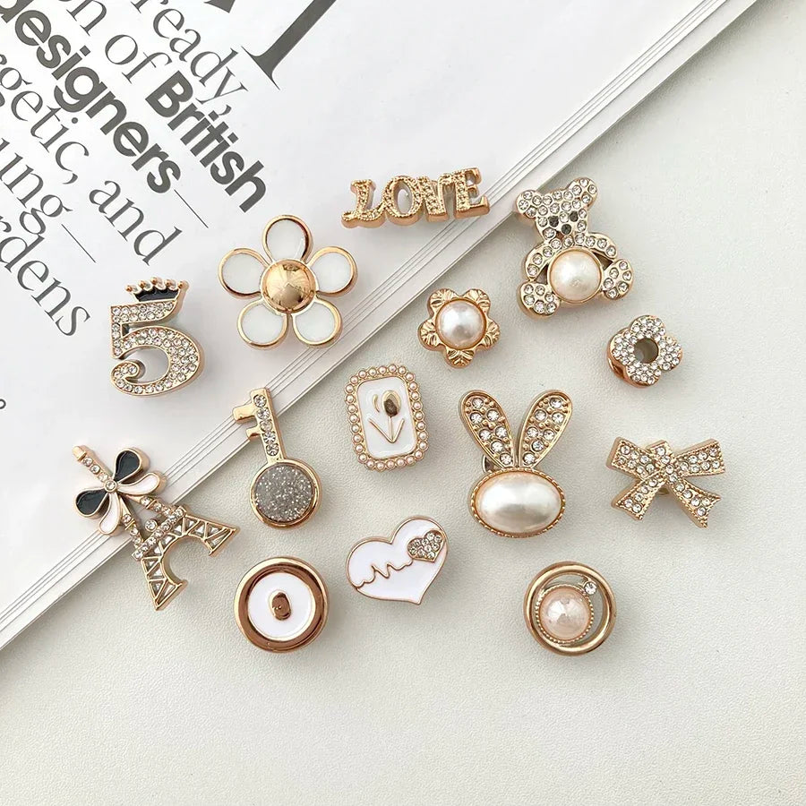 14PCS Sparkling Rhinestone & Faux Pearl Shoe Charms Pins Set, DIY Detachable Decor for CROCS Clogs