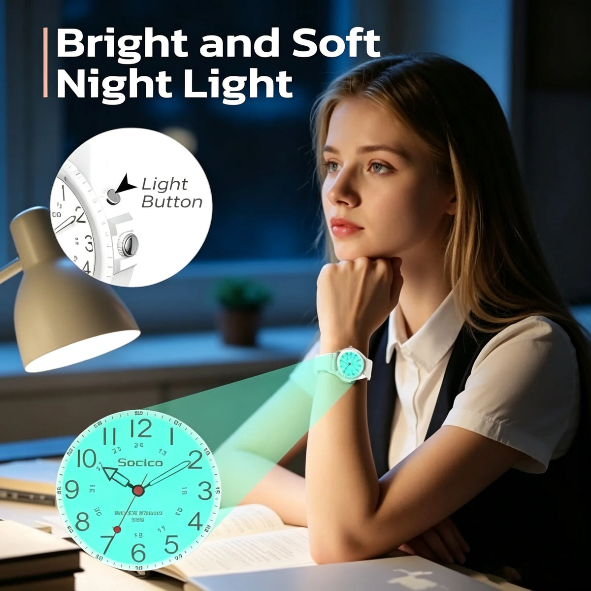 SOCICO Analog Watch for Women Nurses 50M Waterproof Night Light 12/24H Clear 39mm Case, Nurse Essentials, Soft Band, Shockproof