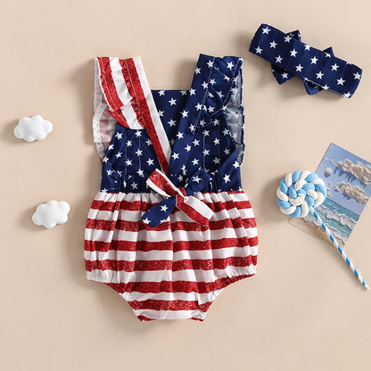Citgeett Summer Independence Day Infant Baby Girl Outfits Sleeveless Backless Ruffle Bodysuit Headband Clothes Set