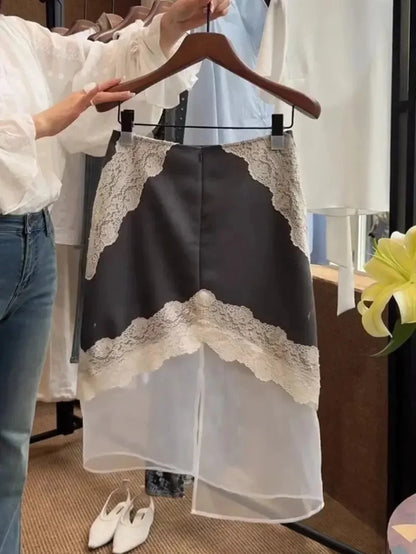 New Elegant Summer Thin Skirt Women Fashion Slim Splice Mesh High Waist Patchwork Lace Casual Breather Office Lady Skirts Jupe