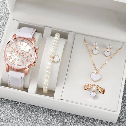 6PCS/Set Fashion Women Watches Casual Leather Strap Roma Dial Quartz Wristwatch Pearls Jewelry Set Reloj Mujer（Without Box）