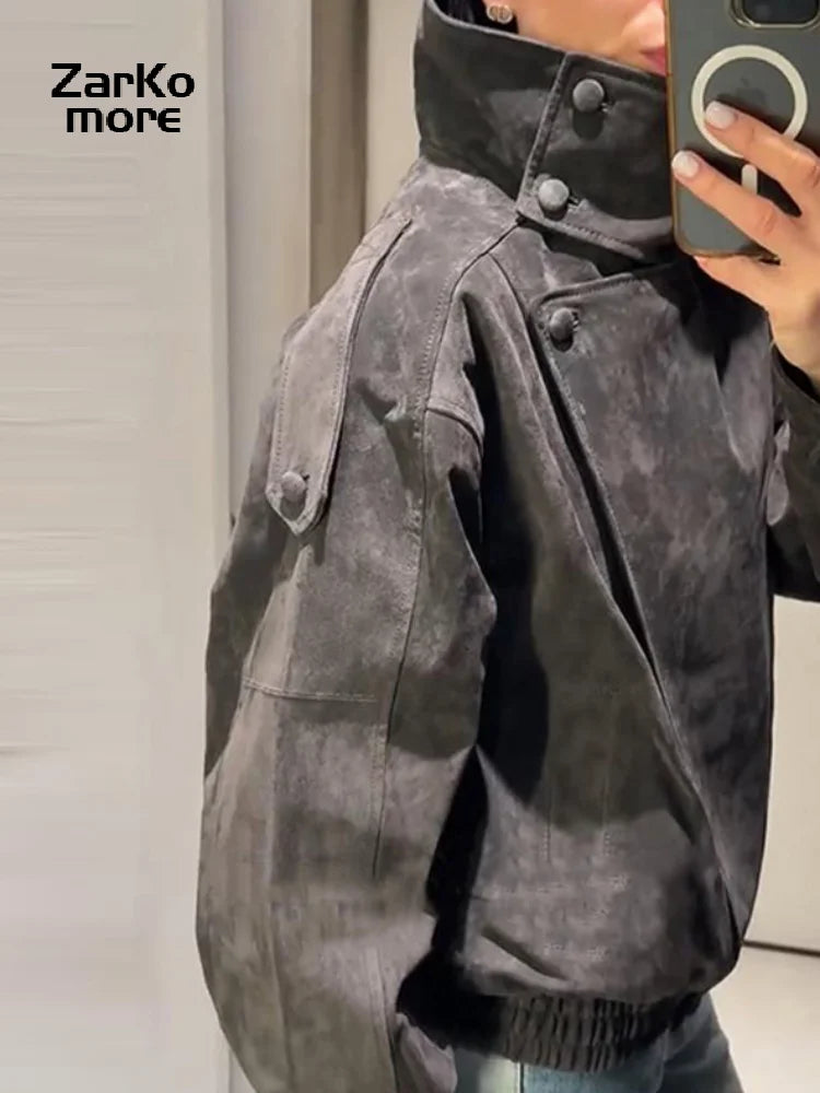 Fashion Dark Gray Suede Bomber Jacket Women Stand Collar Full Sleeve Oversize Asymmetric Street Coats 2026 Autumn Lady Jackets