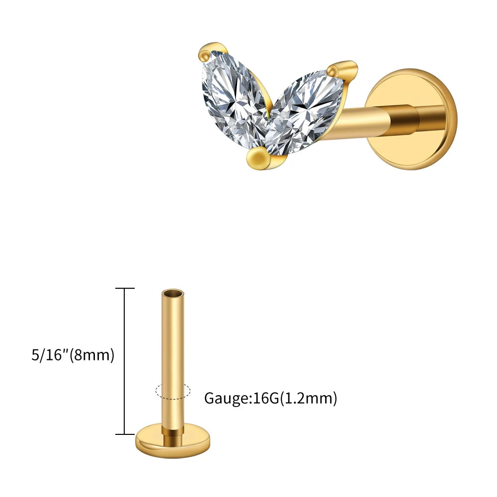 Right Grand ASTM F136 Titanium Tiny Double Marquise CZ Labret Stud Earring 16G Heart CZ Cartilage Helix Tragus Conch Piercing