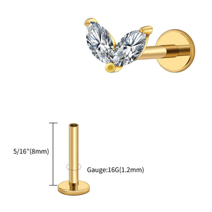 Right Grand ASTM F136 Titanium Tiny Double Marquise CZ Labret Stud Earring 16G Heart CZ Cartilage Helix Tragus Conch Piercing