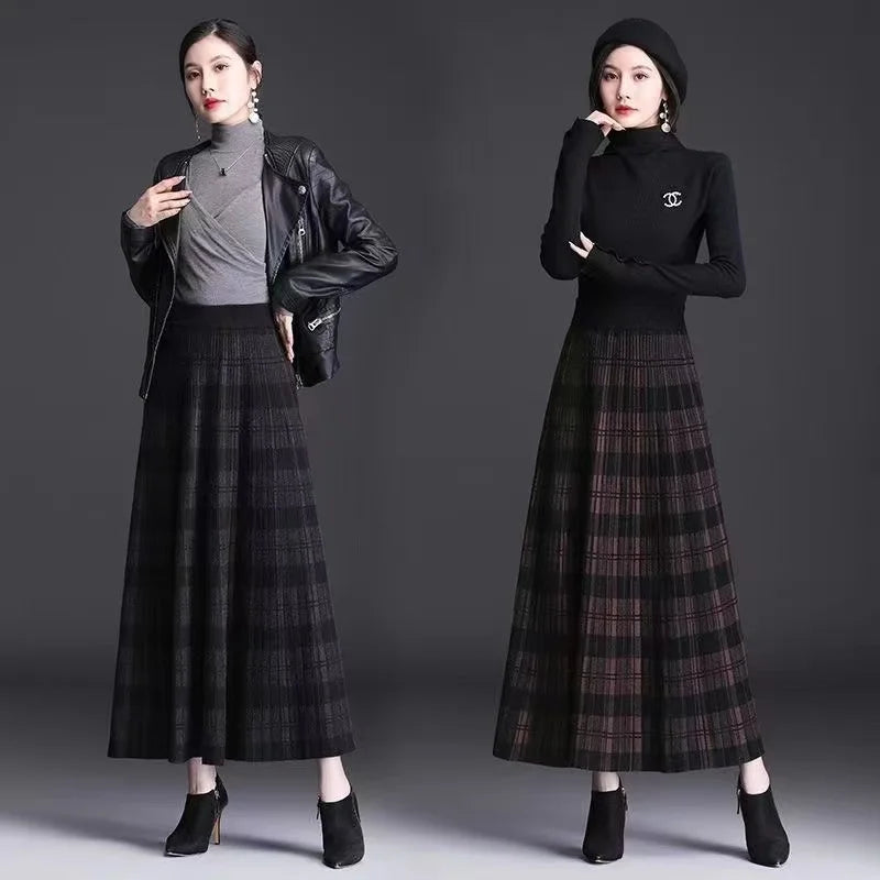 Women Checkered Knitted Skirt Autumn Winter Elastic High Waist A-line Long Skirt Female Thicken Plaid Knitted Sweater Skirts