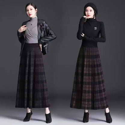 Women Checkered Knitted Skirt Autumn Winter Elastic High Waist A-line Long Skirt Female Thicken Plaid Knitted Sweater Skirts