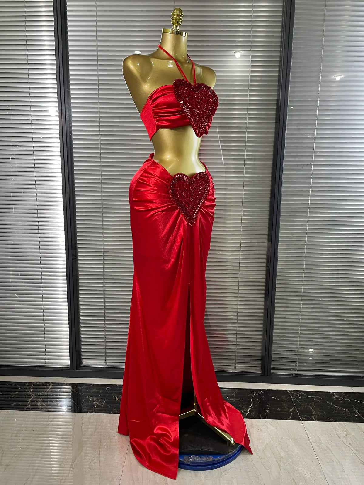 Shining Rhinestones Heart Women Sexy Halter 2 Pieces Bodycon Long Maxi Dress Nightclub Party Celebrate Performance Costumes
