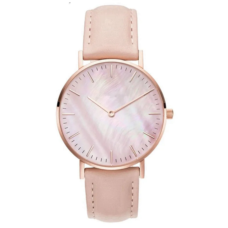 Elegant Pink Shell Dial Women's Watch Minimalist Quartz Ladies Wristwatch with Leather Strap Fashion Woman Watches Gift Reloj