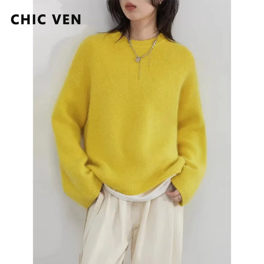 CHIC VEN Women Sweaters Loose Casual O Neck Rabbit Hair Sweater Pullovers Solid Knitted Jumpers Female Top Autumn Winter 2025