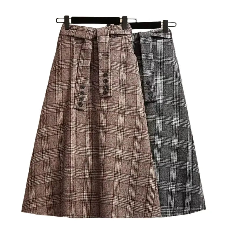 Plaid Striped Vintage A-line High Waist Buttons Lace Up Loose Women's Skirt Mid-Calf Long Skirts For Women Clothing Fashion 2024