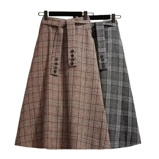 Plaid Striped Vintage A-line High Waist Buttons Lace Up Loose Women's Skirt Mid-Calf Long Skirts For Women Clothing Fashion 2024