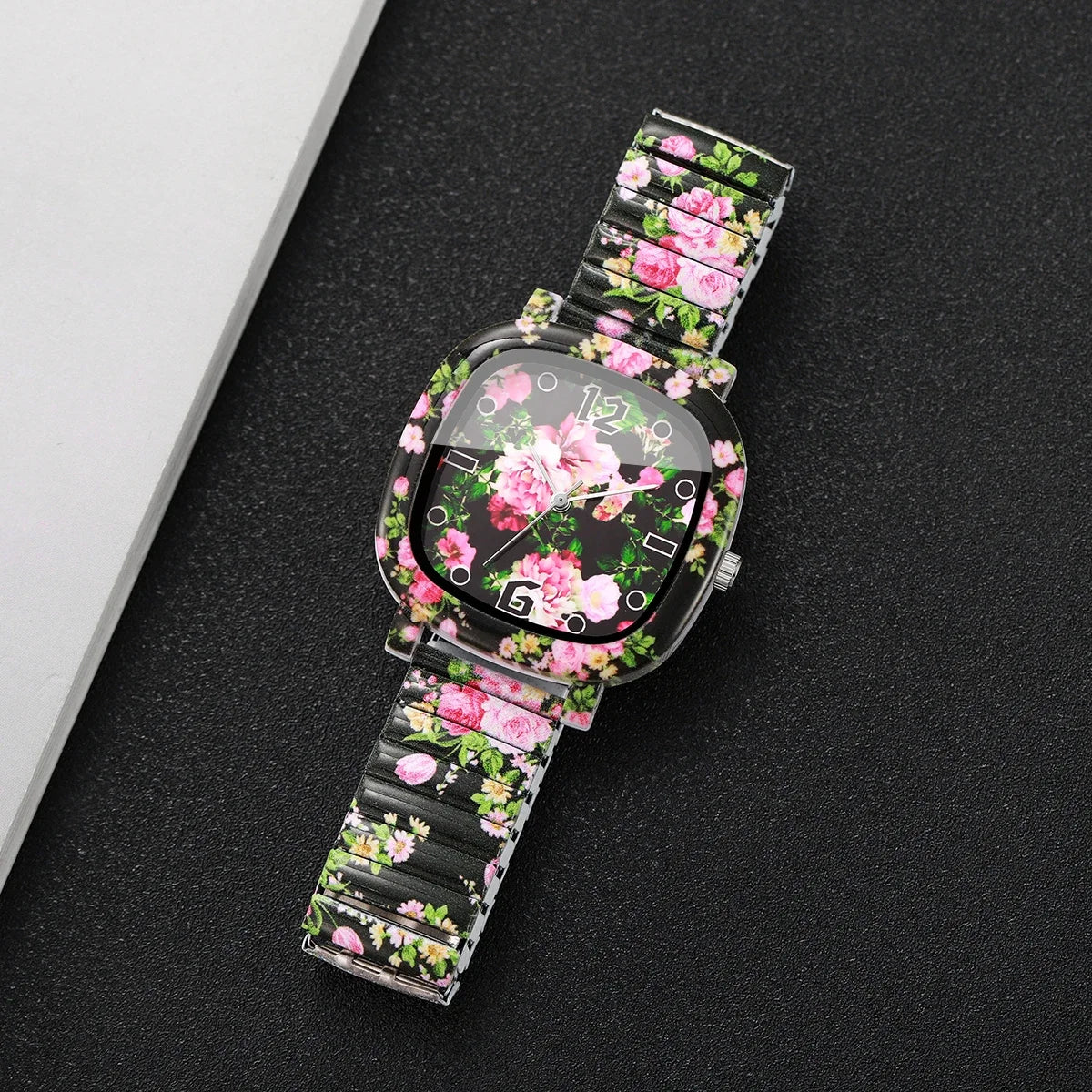 Flowers Printed Square Quartz Watch Women Casual Black Elastic Stretch Strap Ladies Wristwatch Relogio Feminino (Without Box)