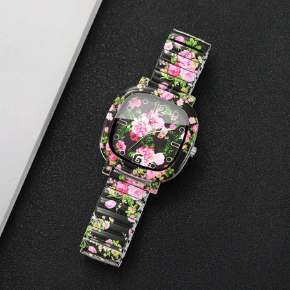 Flowers Printed Square Quartz Watch Women Casual Black Elastic Stretch Strap Ladies Wristwatch Relogio Feminino (Without Box)