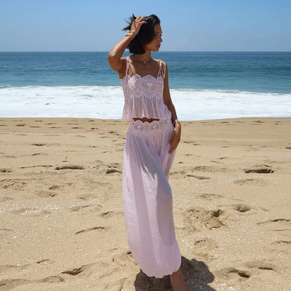 Women Floral Lace Sheer Layers Skirt Set Spaghetti Strap Ruffle Crop Top High Waist Maxi Skirts 2026 Summer Beach Female Outfits