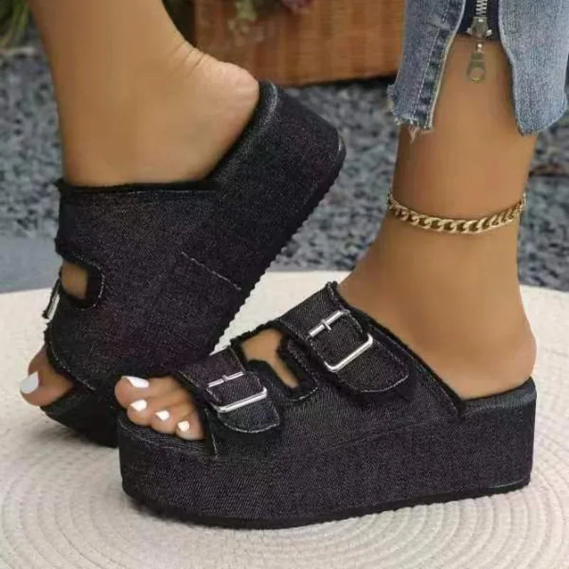 Cowboy Wedges Slippers Shoes Women High Heels Platform Sandals Buckle Flip Flops 2026 Summer Fashion Pumps Zapatos Mujer Slides