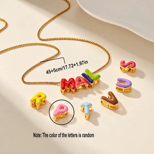 Custom Name Bubble Letter Necklace 304 Stainless Steel Chain Personalized Random Colored Enamel Letter Pendant Bohemian Necklace