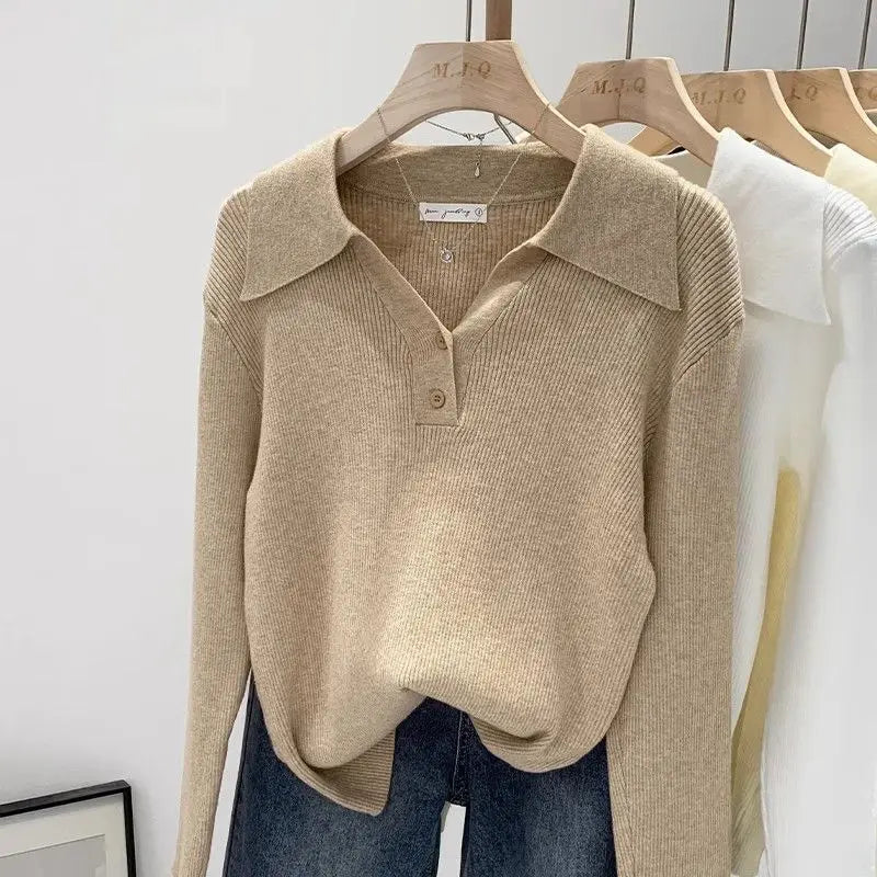 Polo Collar Knit Sweater Women Pullovers Casual Button Front Long Sleeve Rib-knit Jumper Chic Knitwear Trend Autumn Winter Tops