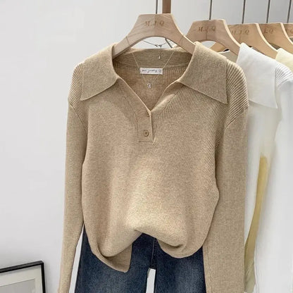 Polo Collar Knit Sweater Women Pullovers Casual Button Front Long Sleeve Rib-knit Jumper Chic Knitwear Trend Autumn Winter Tops