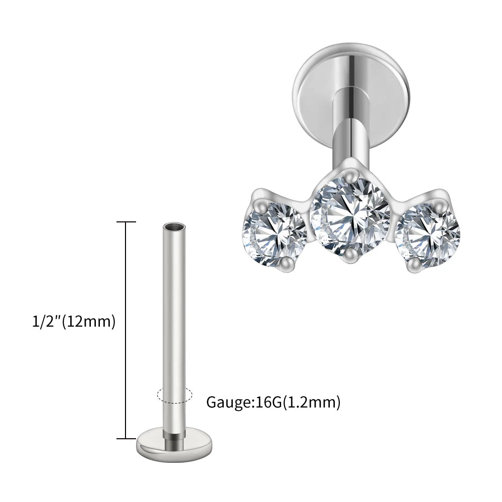 Right Grand ASTM F136 Titanium Triple CZ Cluster Cartilage Earring 16G Mini CZ Labret Tragus Helix Medusa Flat Back Piercing