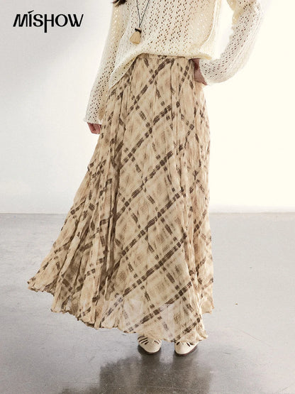 MISHOW Women's Beige Plaid Maxi Skirt 2026 Spring High Waist Flowy A-Line Skirts Elastic Waist Casual Chiffon Skirt MXF108B0769
