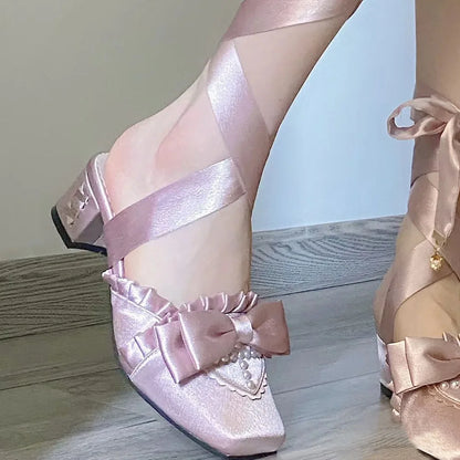 Brand Big Size 43 Square Heels Pink Cross-tied Ballerina Pumps Satin White Lace-up Sweet Lolita Mary Janes Ballet Shoes Women