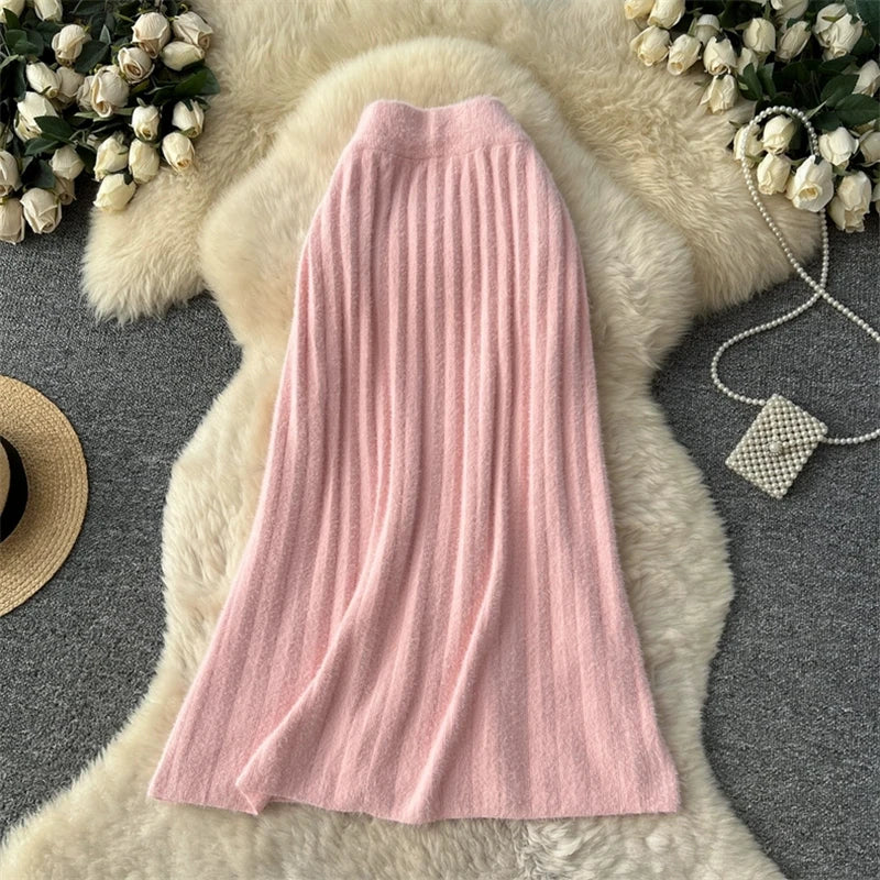KARWomen Faux Mink Knit Pleated Midi Skirt High Waist Warm Fluffy A-Line Long Skirt Elegant Autumn Winter Solid Color Skirts 690