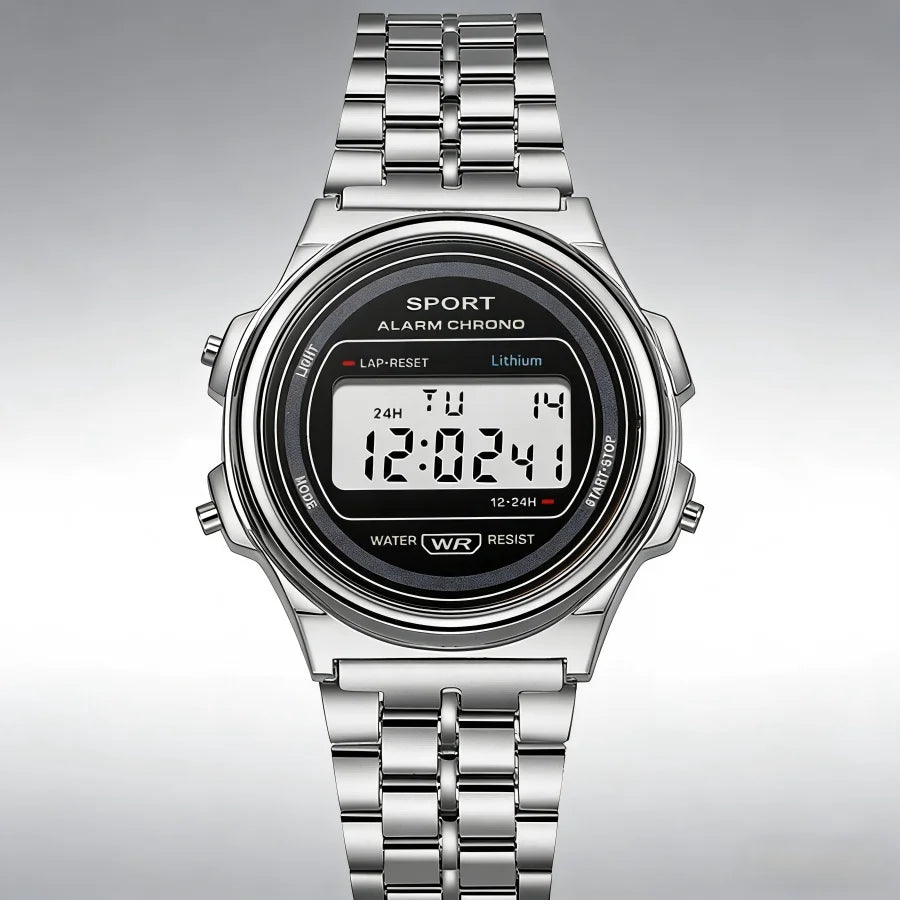Women Casual LED Electronic Watch Retro Stainless Steel Men Women Unisex LED Digital Watch Multifunction Waterproof Wristwatch