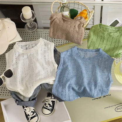 Summer Boys T-shirts Tops For Kids Baby Hollow Knit Vest Tees Children's Clothing Casual Solid Color Breathable Sleeveless Tops