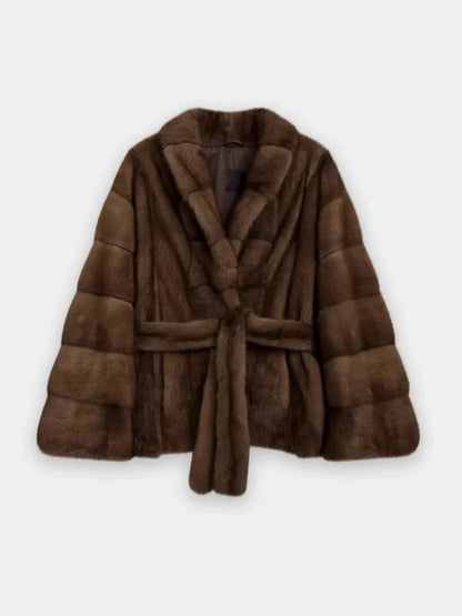 Lady Faux Fur Waist Belt Coat Casual Stand Collar Wide Flare Sleeve Stitched Plush Jacket Soft Thick Warm Winter Outerwear Daily