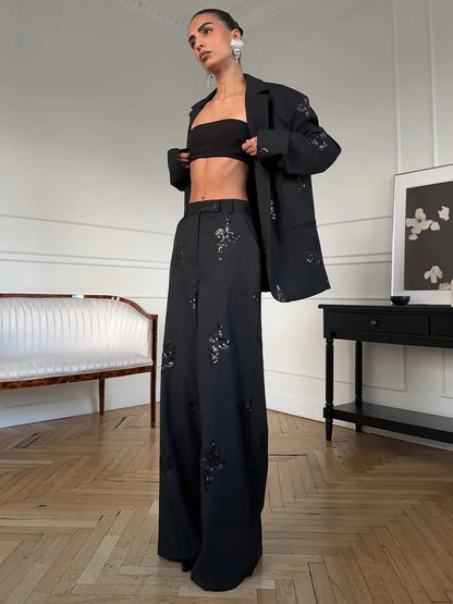 Black Sequin Embroidery Blazer 2 Piece Set Women Full Sleeve Lapel V-neck Loose Wide Leg Pants Suit 2026 Lady Spring Autumn Wear
