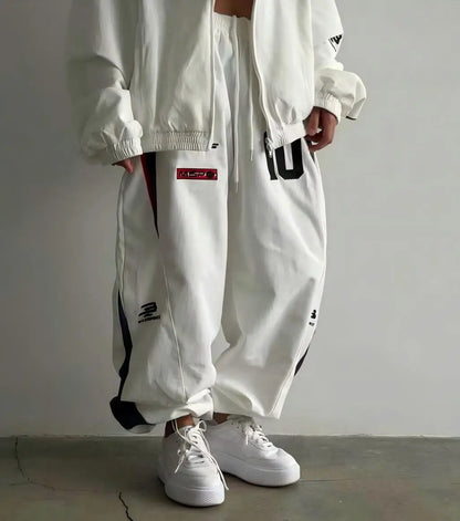 American White Racing Suit Set Women Red White Navy Blue Contrasting Embroidery Loose Jacket Wide Leg Sports Pants Two-piece Set